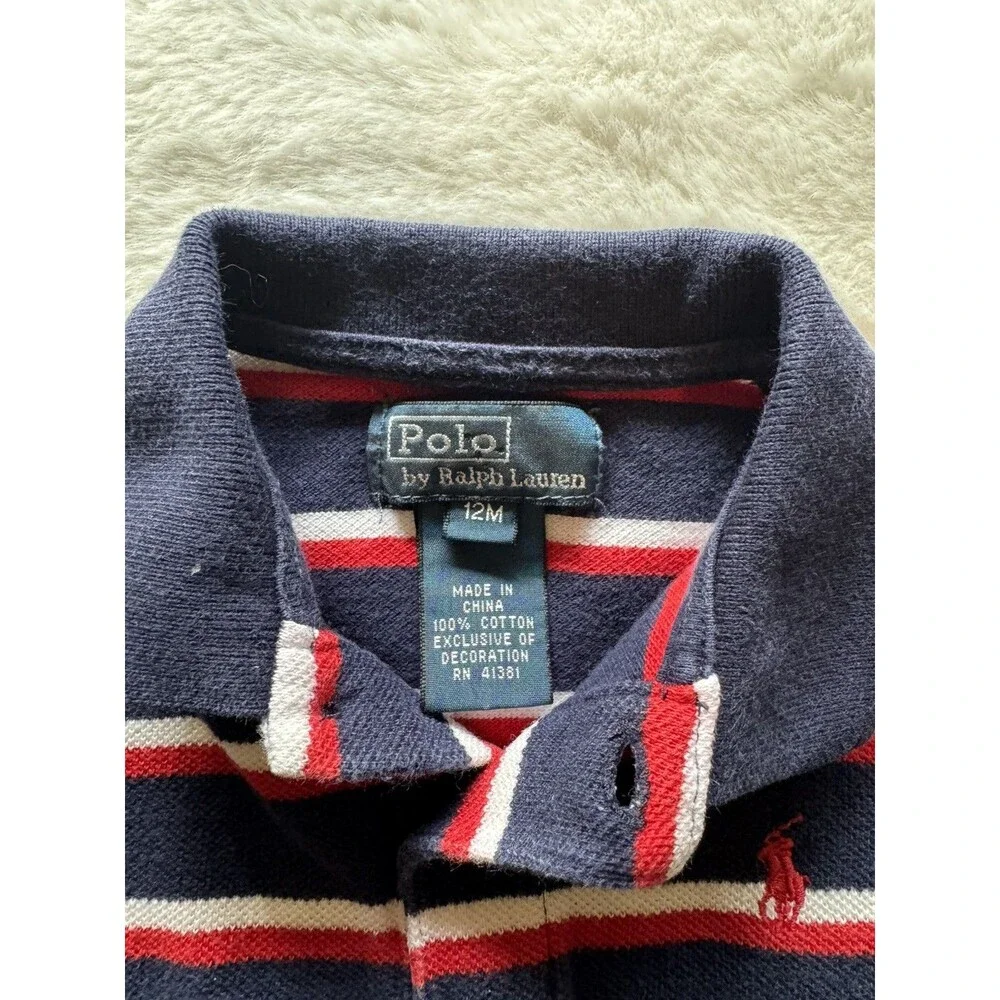 Ralph Lauren Baby Polo Short Sleeve Romper Size 12M Navy Red Stripe